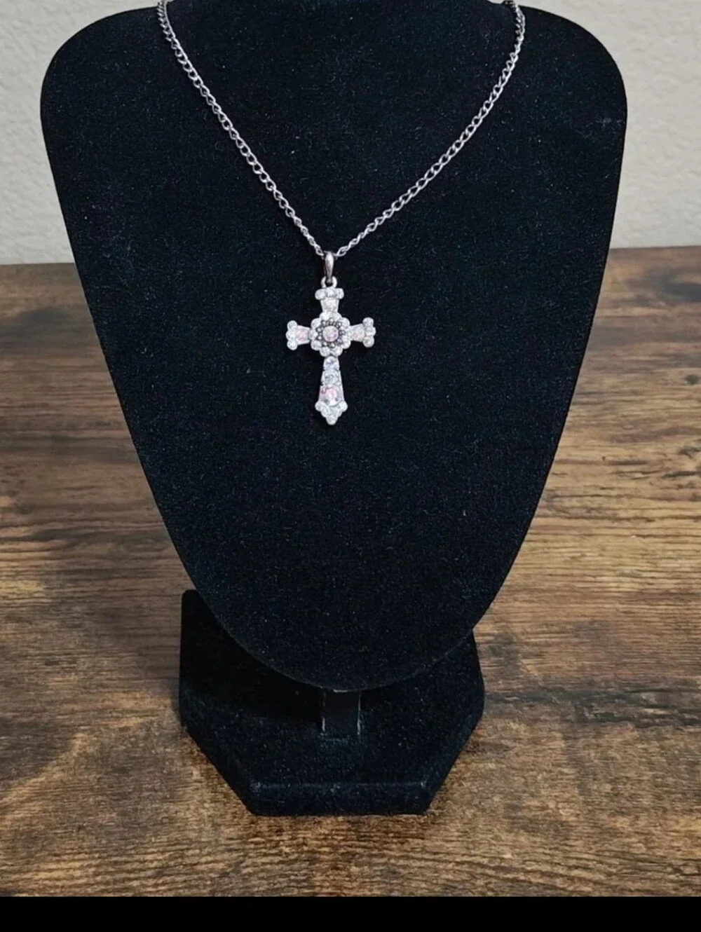 1990s Filigree With Aurora Borealis Rhinestones Silver Tone Cross Necklace